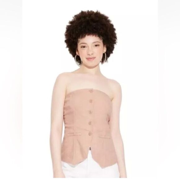 NWT Wild Fable Medium Tan Button Suiting Tube Top Strapless Corset Linen - Picture 1 of 7